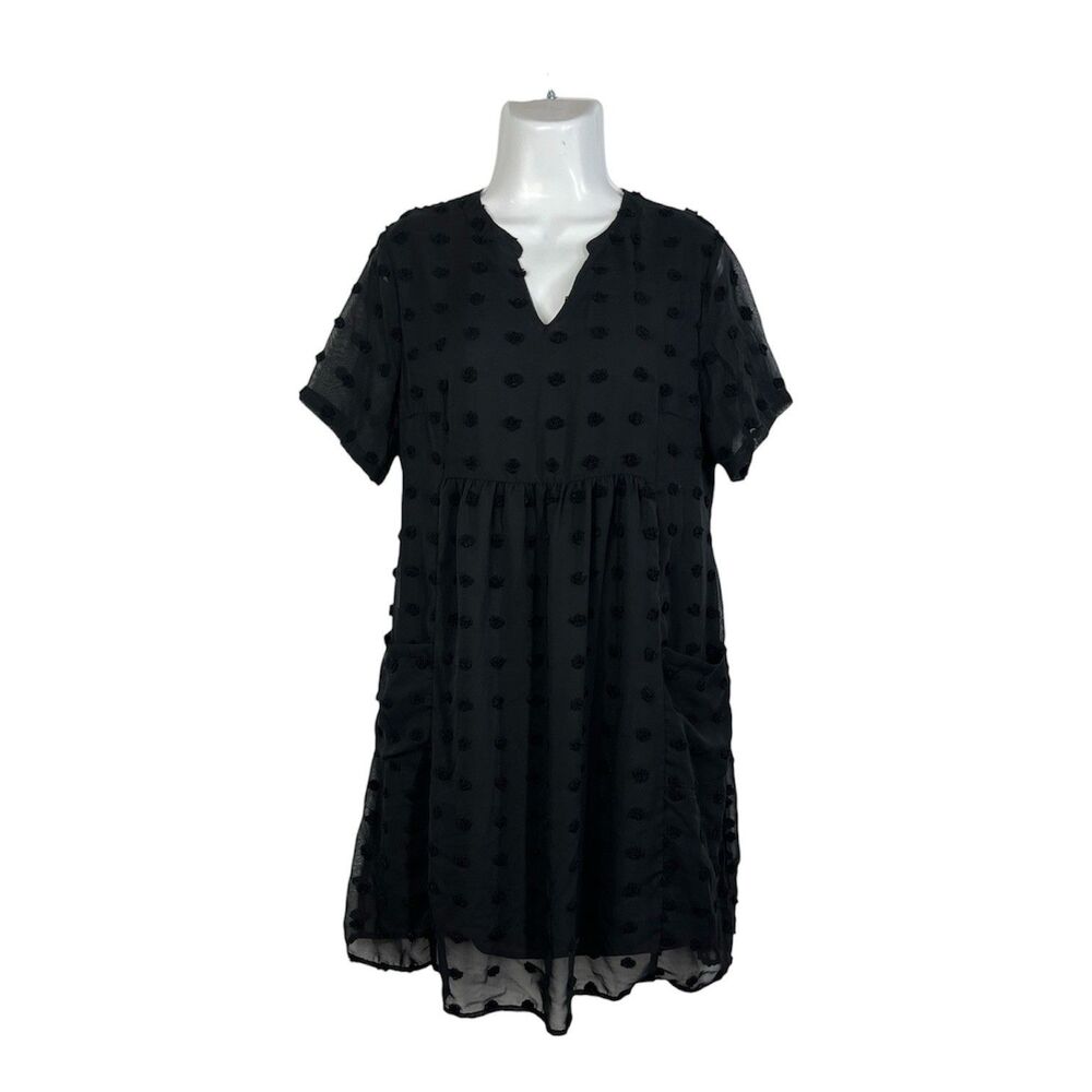 Miholl Dress Black Swiss Dot Large V Neck Short Sleeve Pockets Boho Babydoll